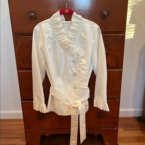Calvin Klein Off White Ruffled Button-Up Blouse. Size M